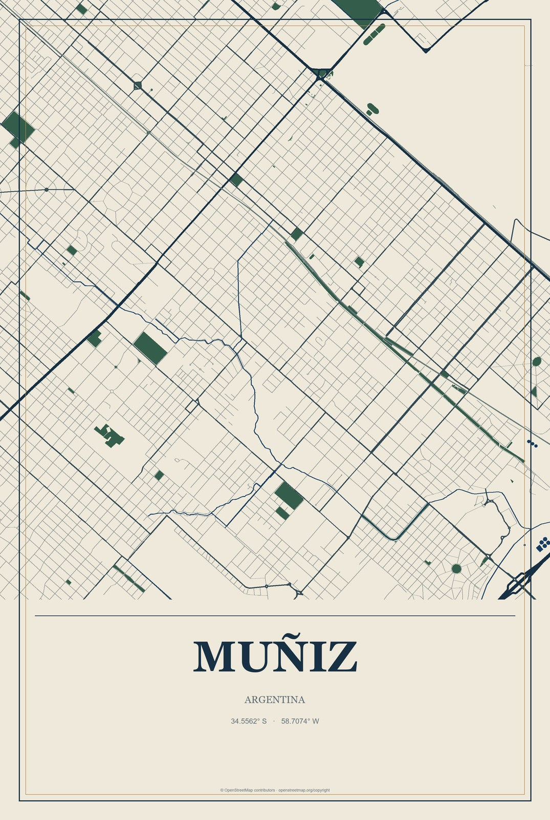 Muñiz, Argentina City Map Aluminum Sign in Coastal Cutout style