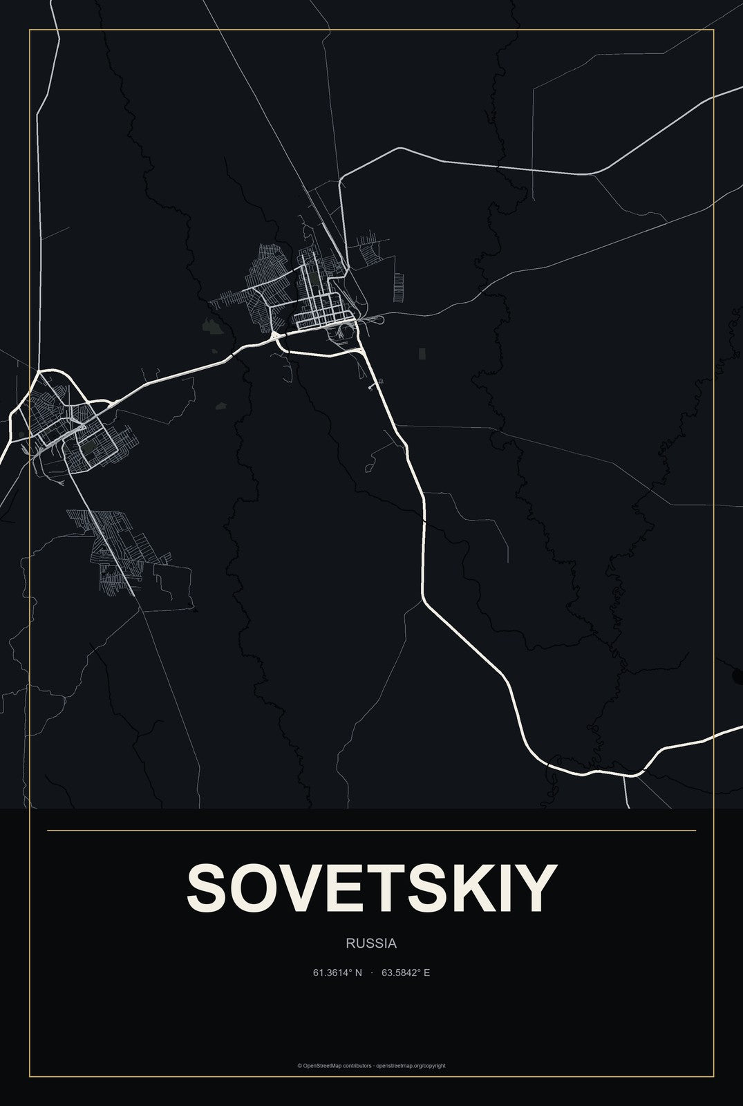 Sovetskiy, Mariy-El Republic, Russia City Map Aluminum Sign in Metropolitan Noir style