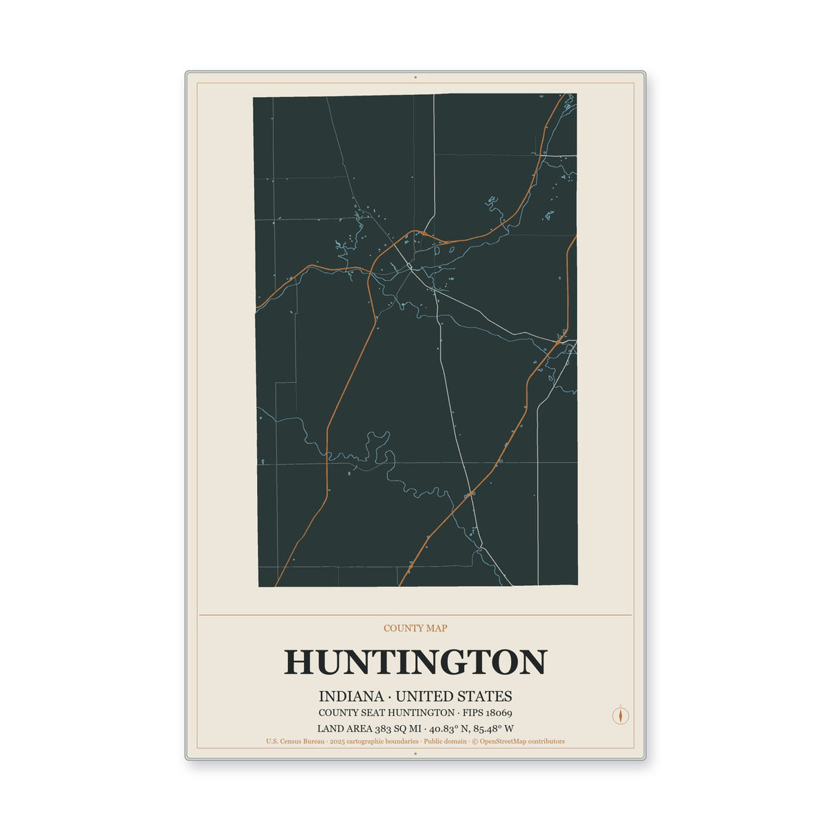 Huntington County, Indiana Map Aluminum Sign in Headline Atlas style