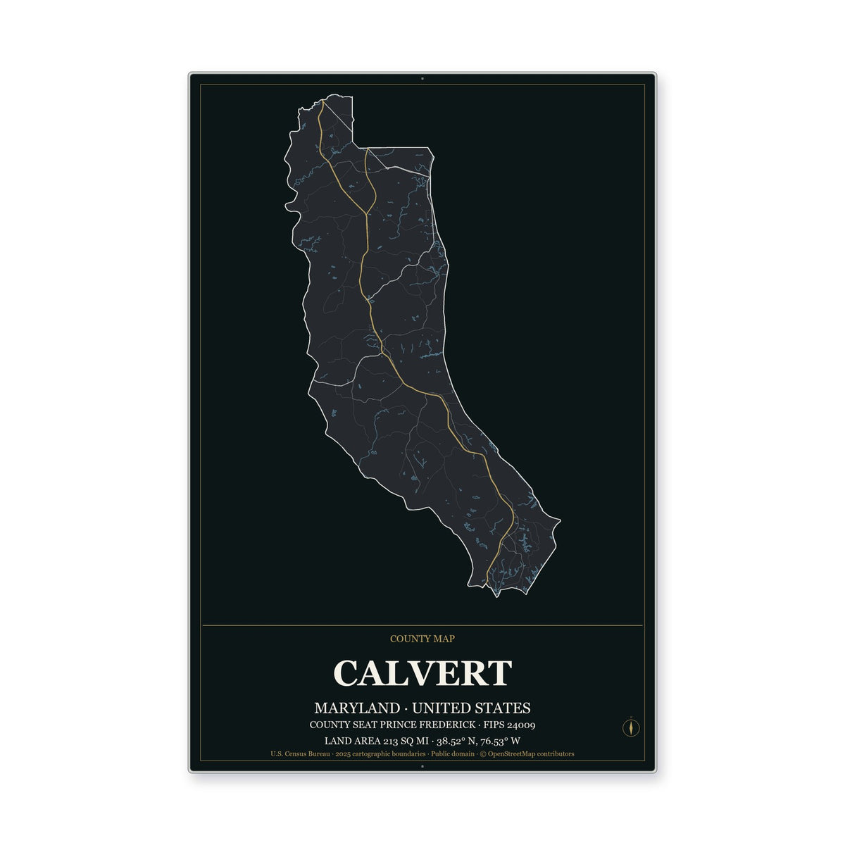 Calvert County, Maryland Map Aluminum Sign in Metropolitan Noir style