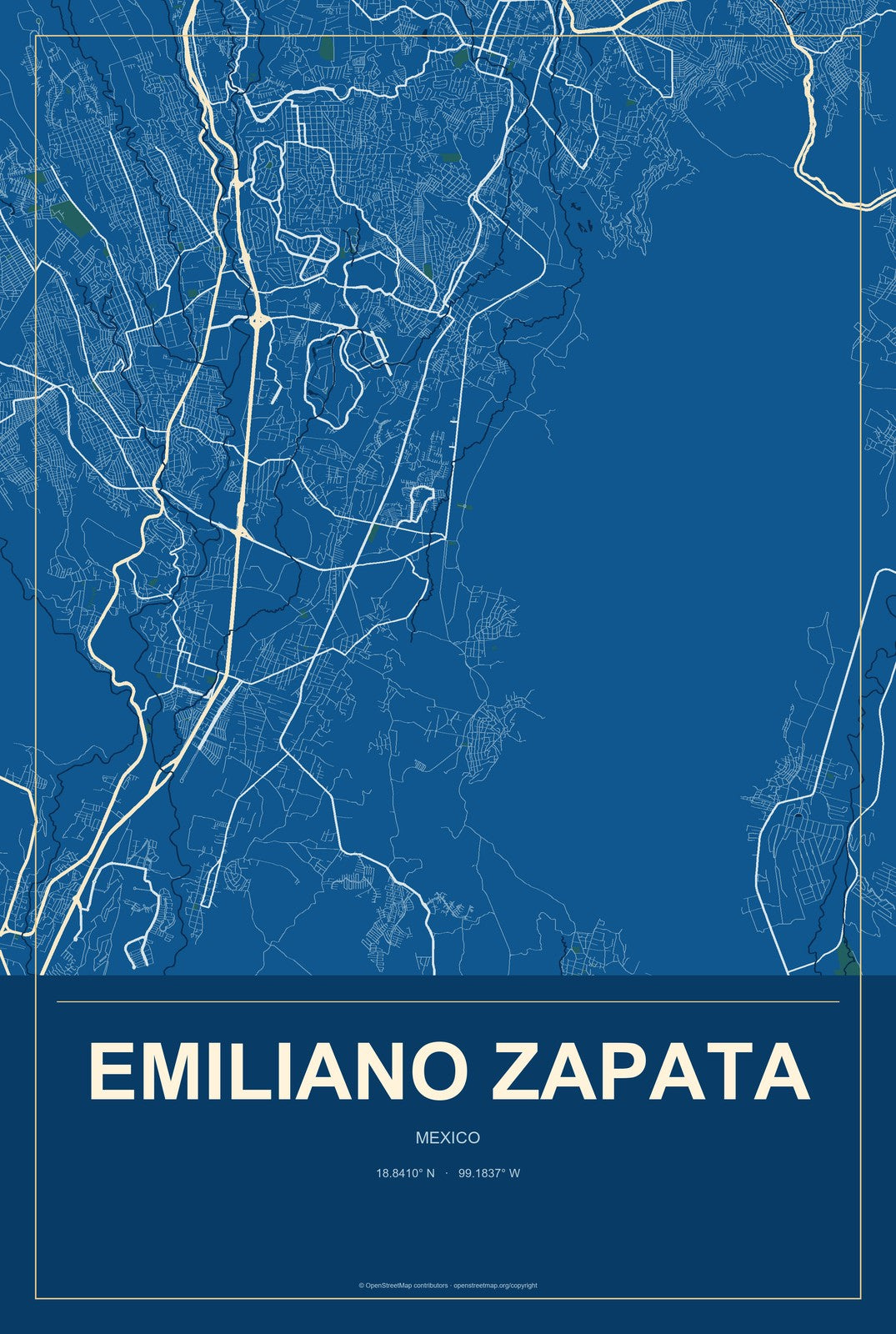Emiliano Zapata, Morelos, Mexico City Map Aluminum Sign in Harbor Cobalt style