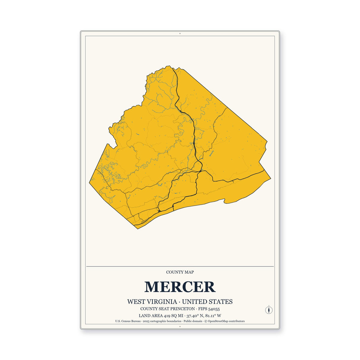 Mercer County, West Virginia Map Aluminum Sign in Citrine Modern style