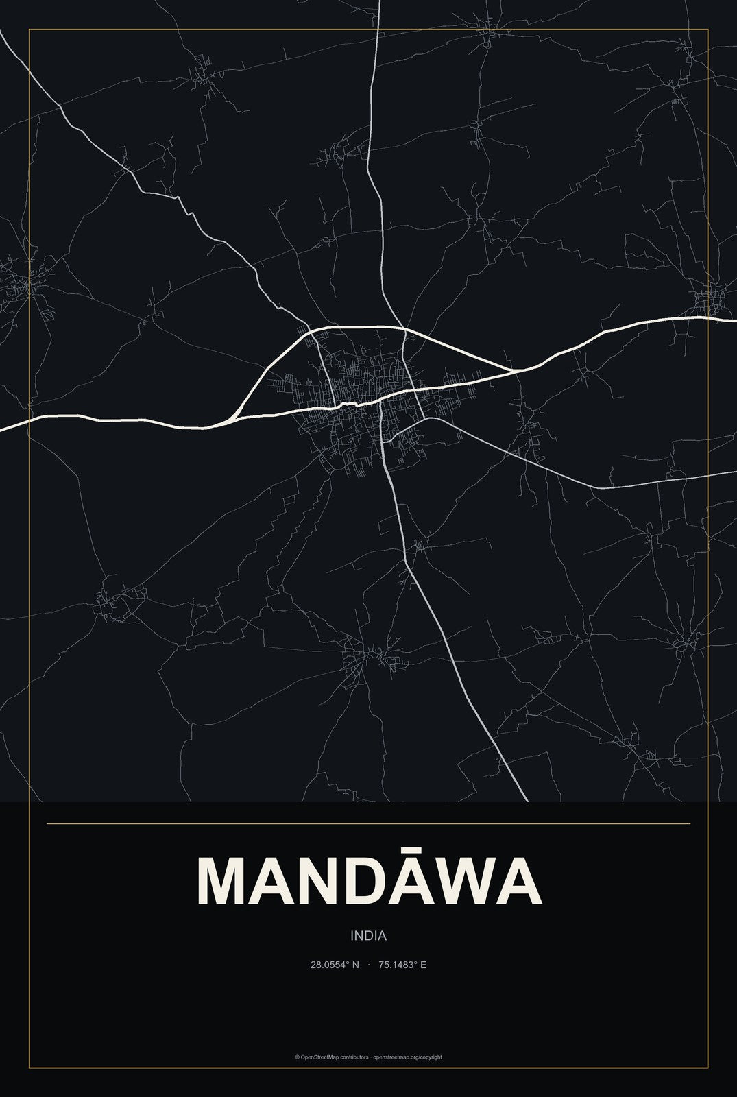 Mandāwa, India City Map Aluminum Sign in Metropolitan Noir style