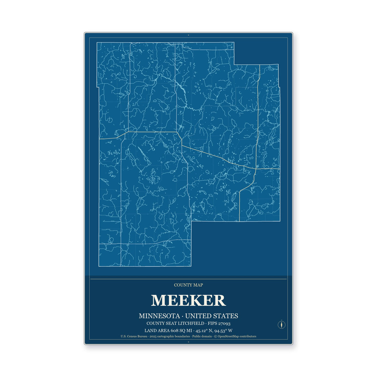 Meeker County, Minnesota Map Aluminum Sign in Harbor Cobalt style