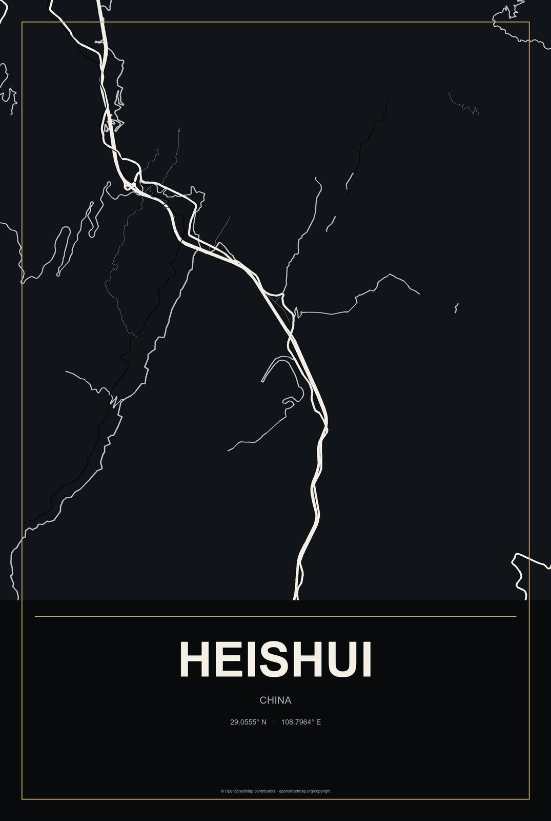 Heishui, China City Map Aluminum Sign in Metropolitan Noir style