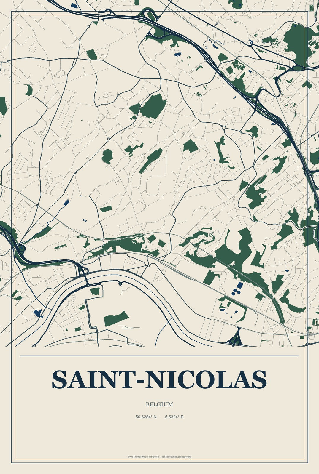 Saint-Nicolas, Belgium City Map Aluminum Sign in Coastal Cutout style