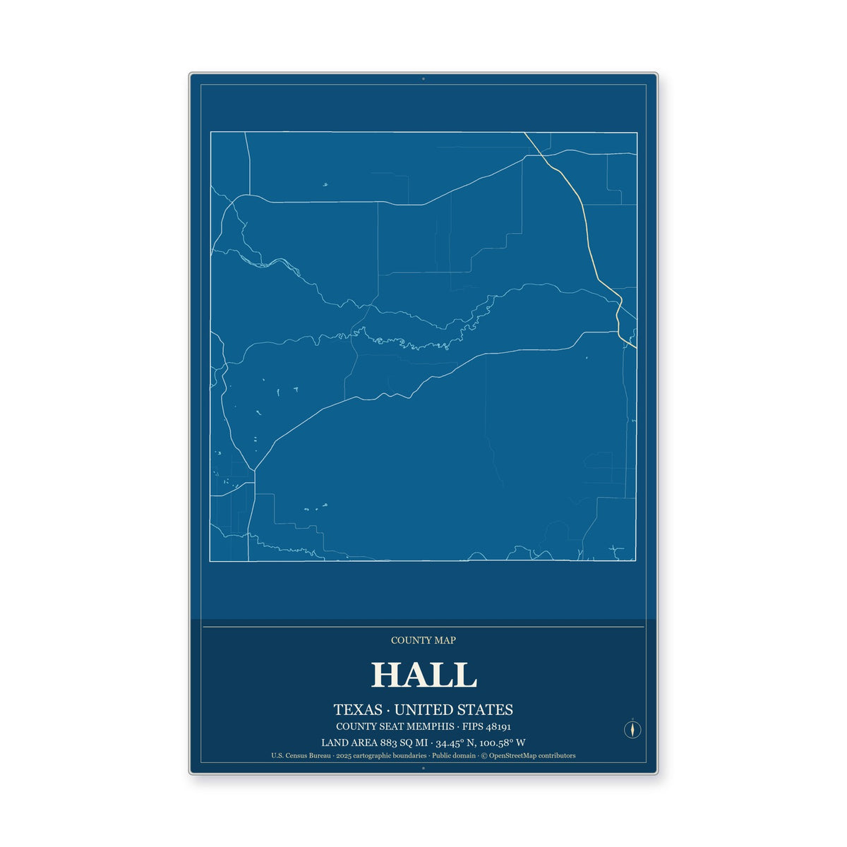 Hall County, Texas Map Aluminum Sign in Harbor Cobalt style