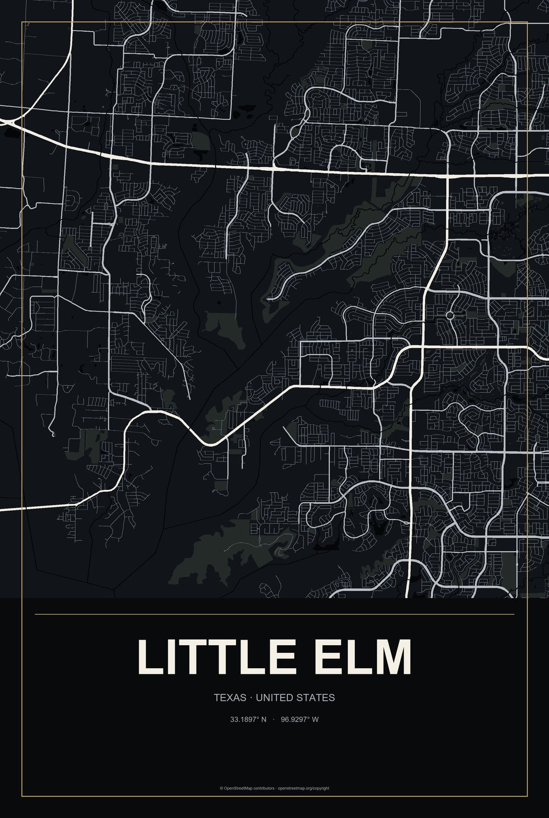 Little Elm, Texas City Map Aluminum Sign in Metropolitan Noir style