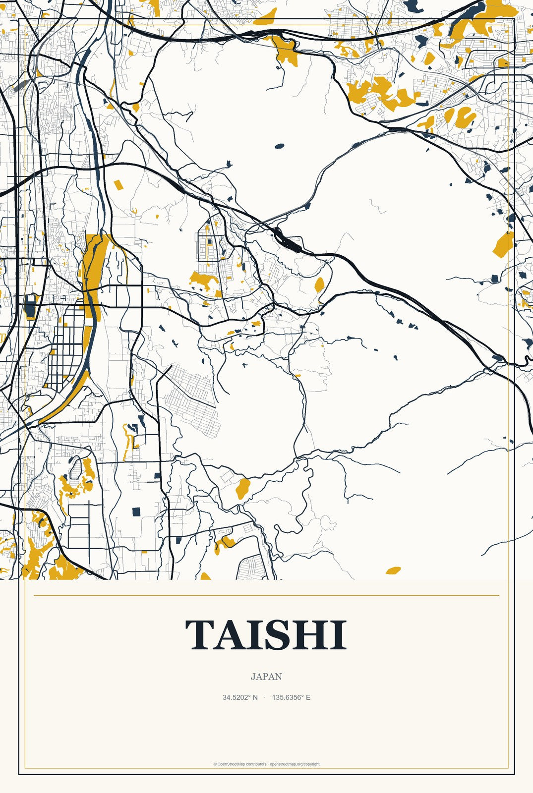 Taishi, Japan City Map Aluminum Sign in Citrine Modern style
