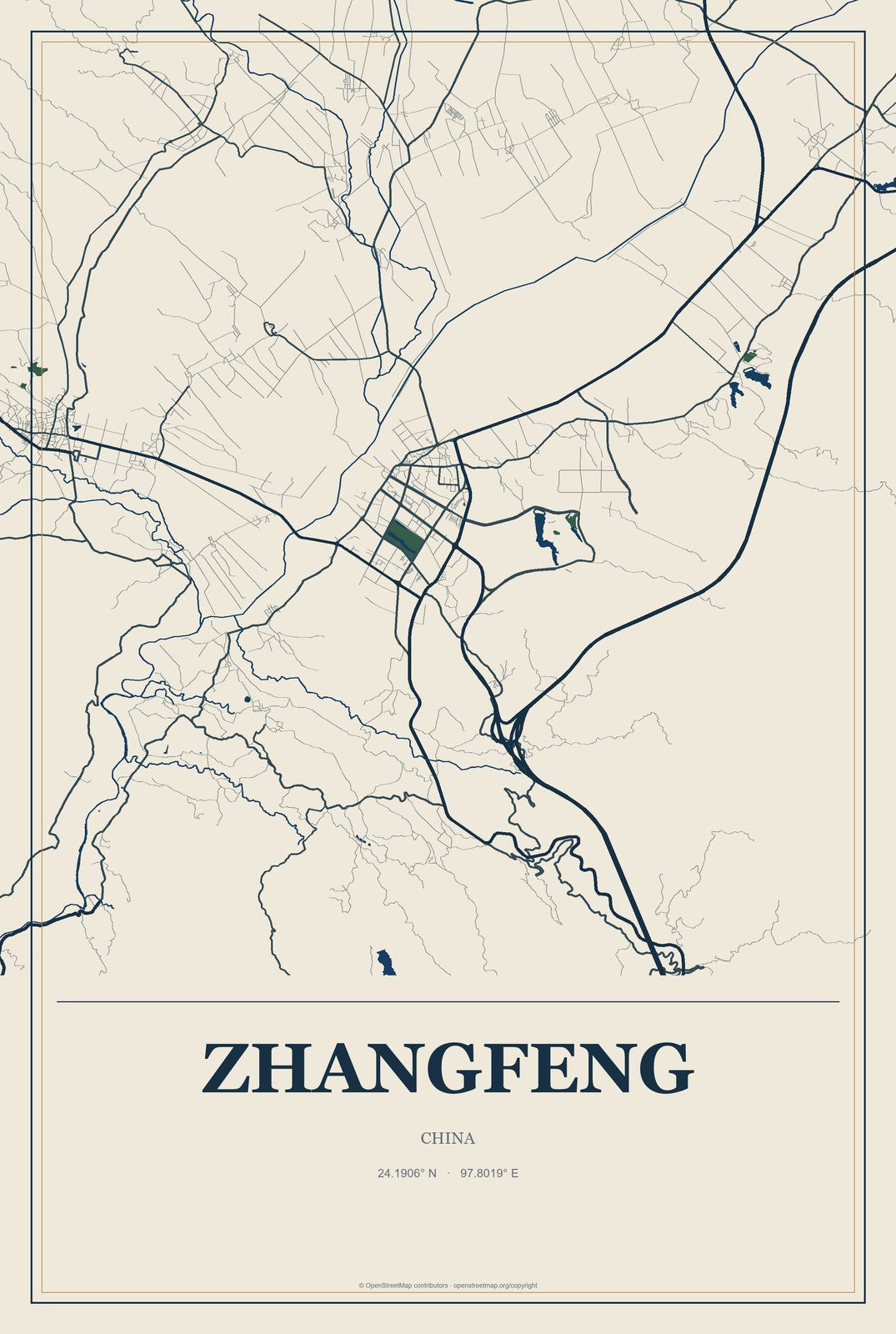 Zhangfeng, China City Map Aluminum Sign in Coastal Cutout style