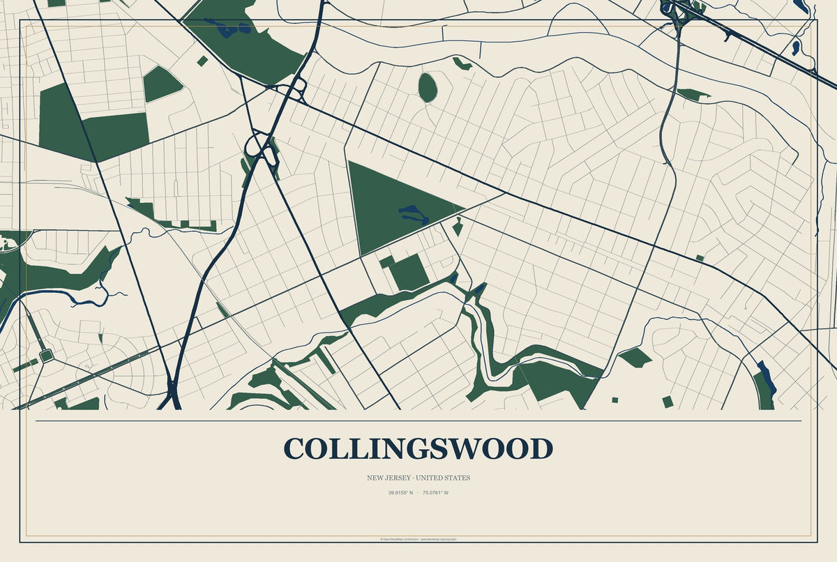 Collingswood, New Jersey City Map Aluminum Sign in Coastal Cutout style