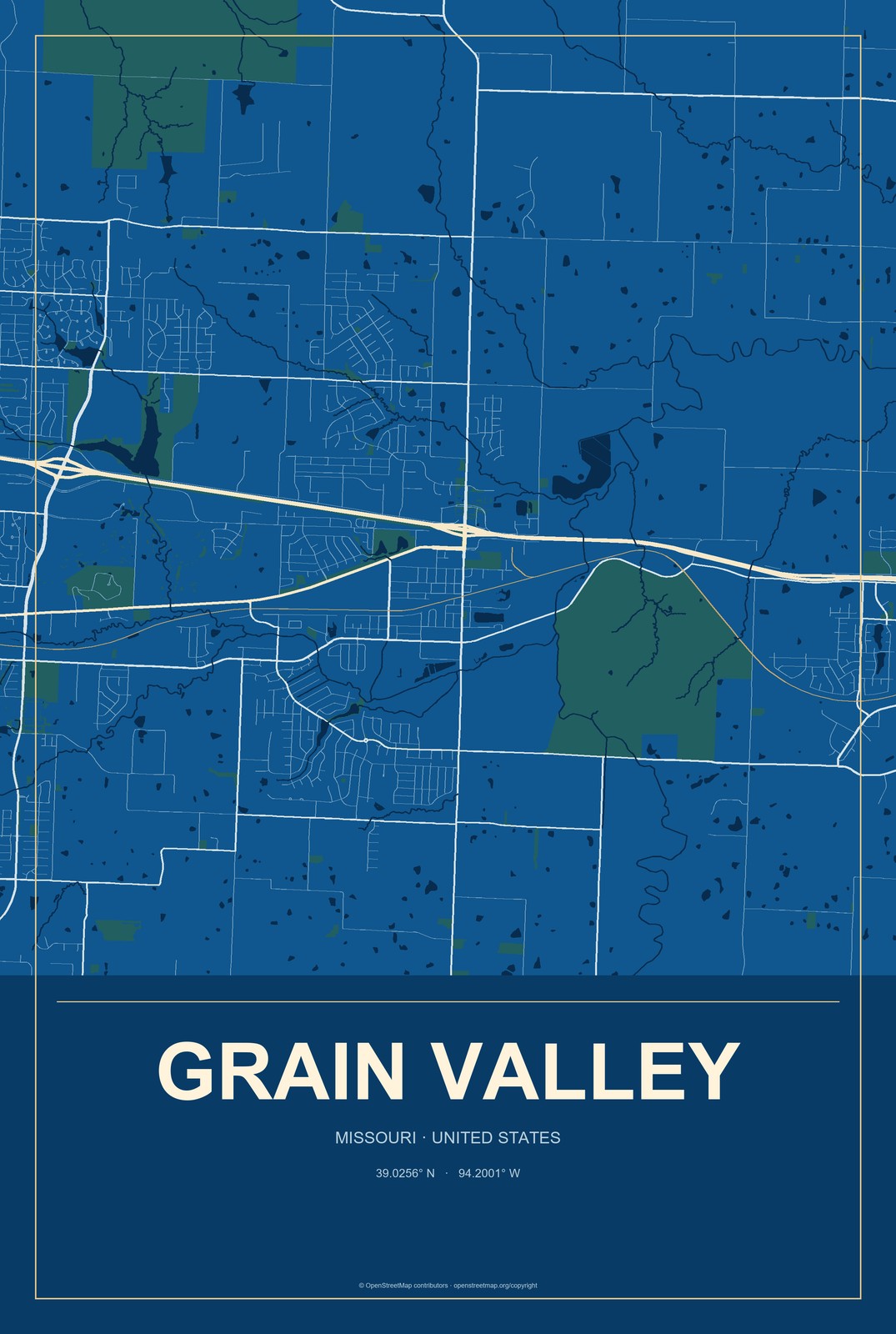 Grain Valley, Missouri City Map Aluminum Sign in Harbor Cobalt style
