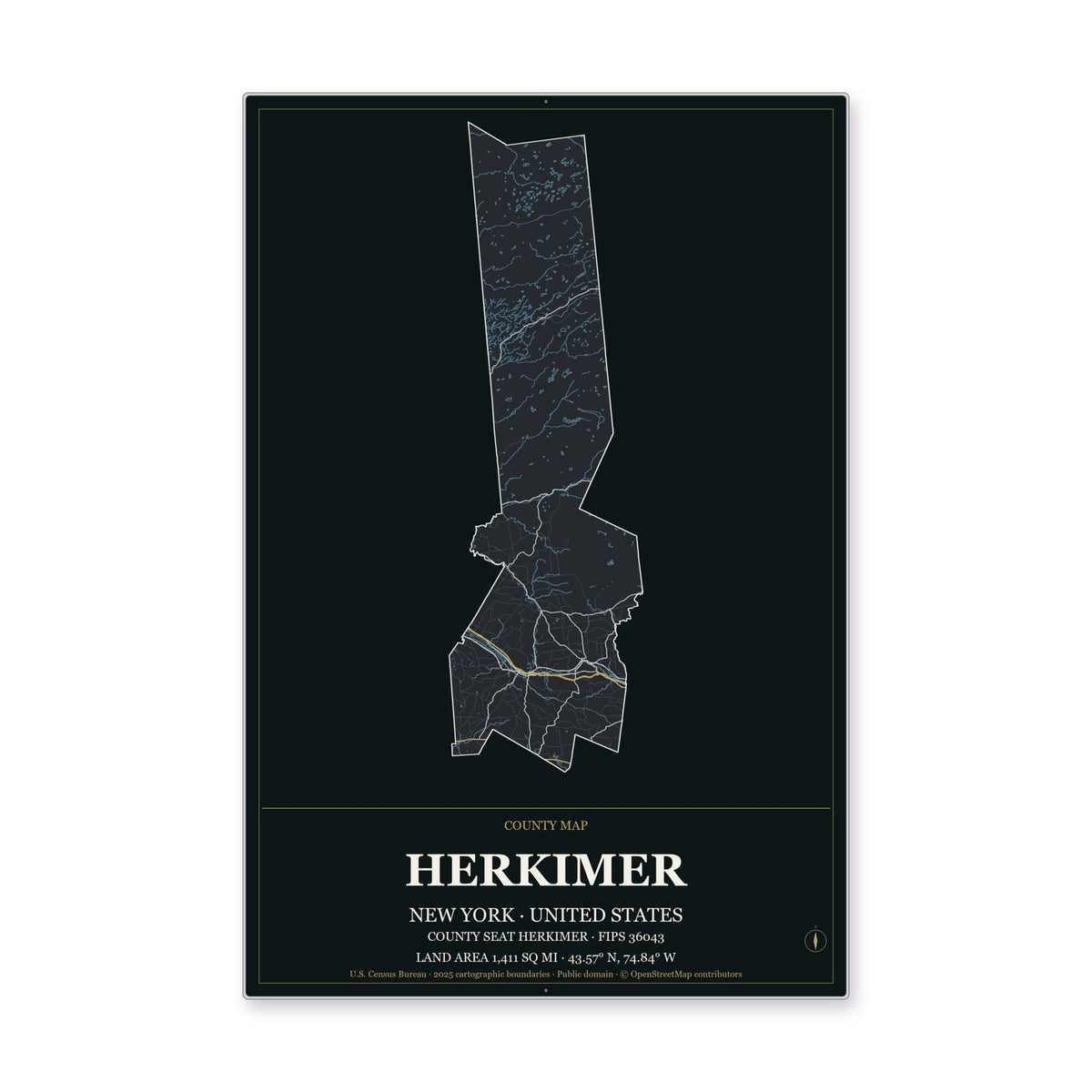Herkimer County, New York Map Aluminum Sign in Metropolitan Noir style