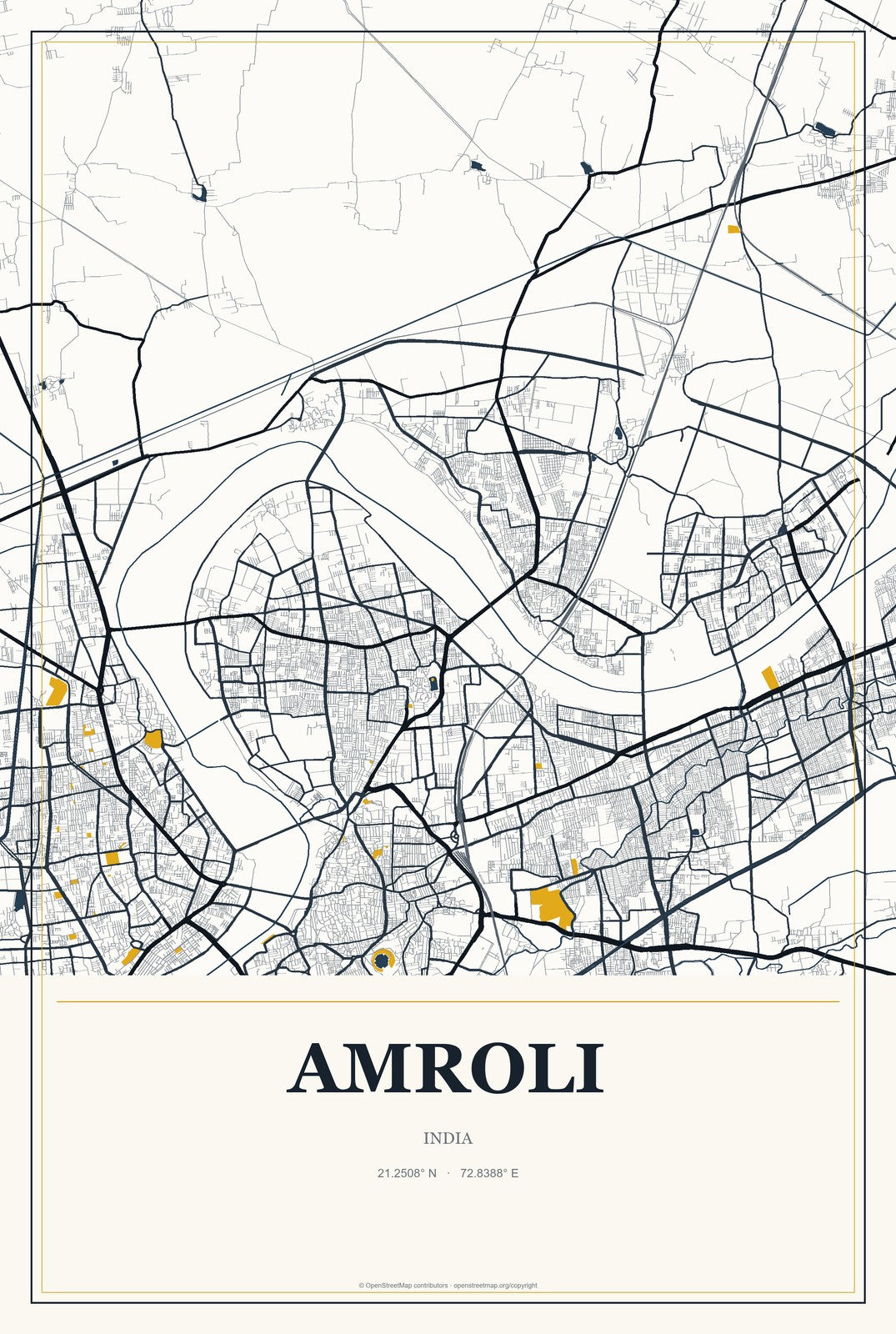Amroli, India City Map Aluminum Sign in Citrine Modern style
