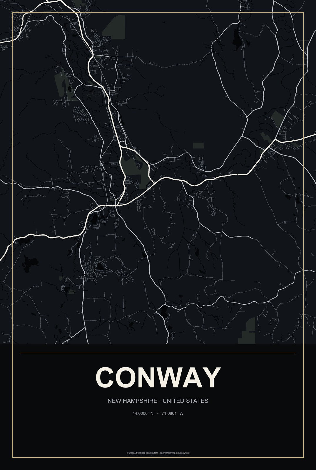 Conway, New Hampshire City Map Aluminum Sign in Metropolitan Noir style