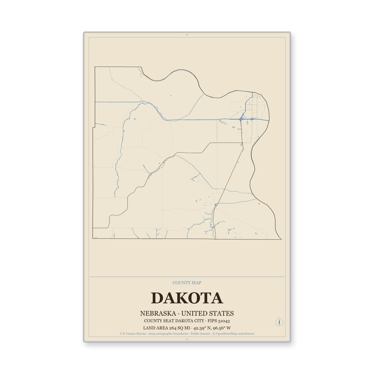 Dakota County, Nebraska Map Aluminum Sign in Heritage Nautical style