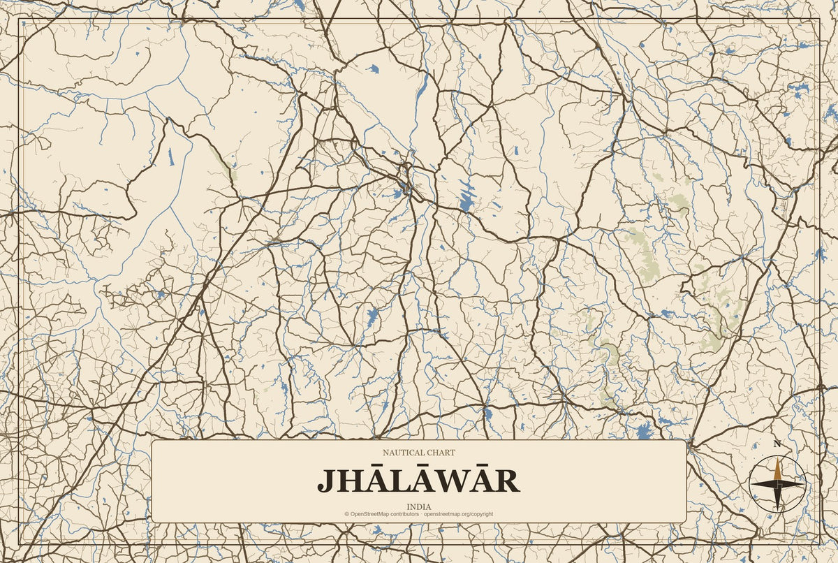 Jhālāwār, India City Map Aluminum Sign in Heritage Nautical style