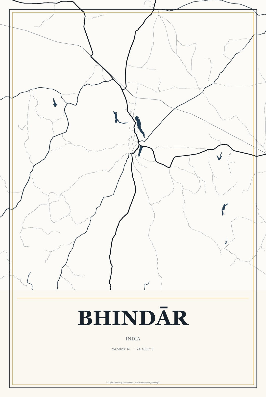 Bhindār, India City Map Aluminum Sign in Citrine Modern style