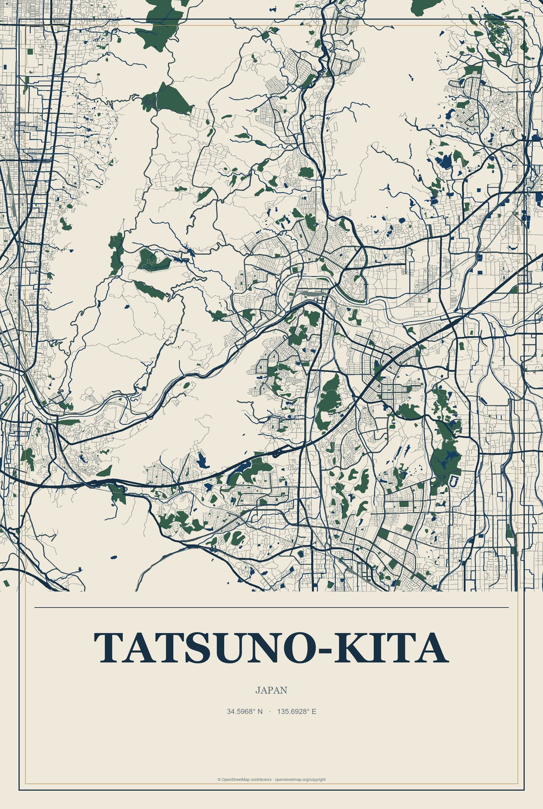 Tatsuno-kita, Japan City Map Aluminum Sign in Coastal Cutout style