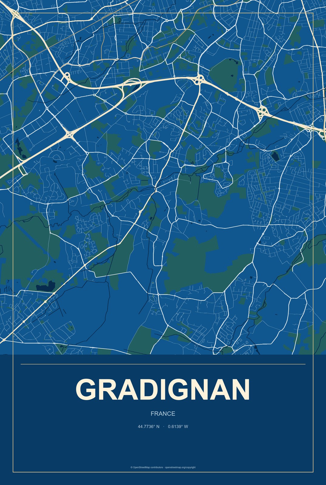 Gradignan, France City Map Aluminum Sign in Harbor Cobalt style