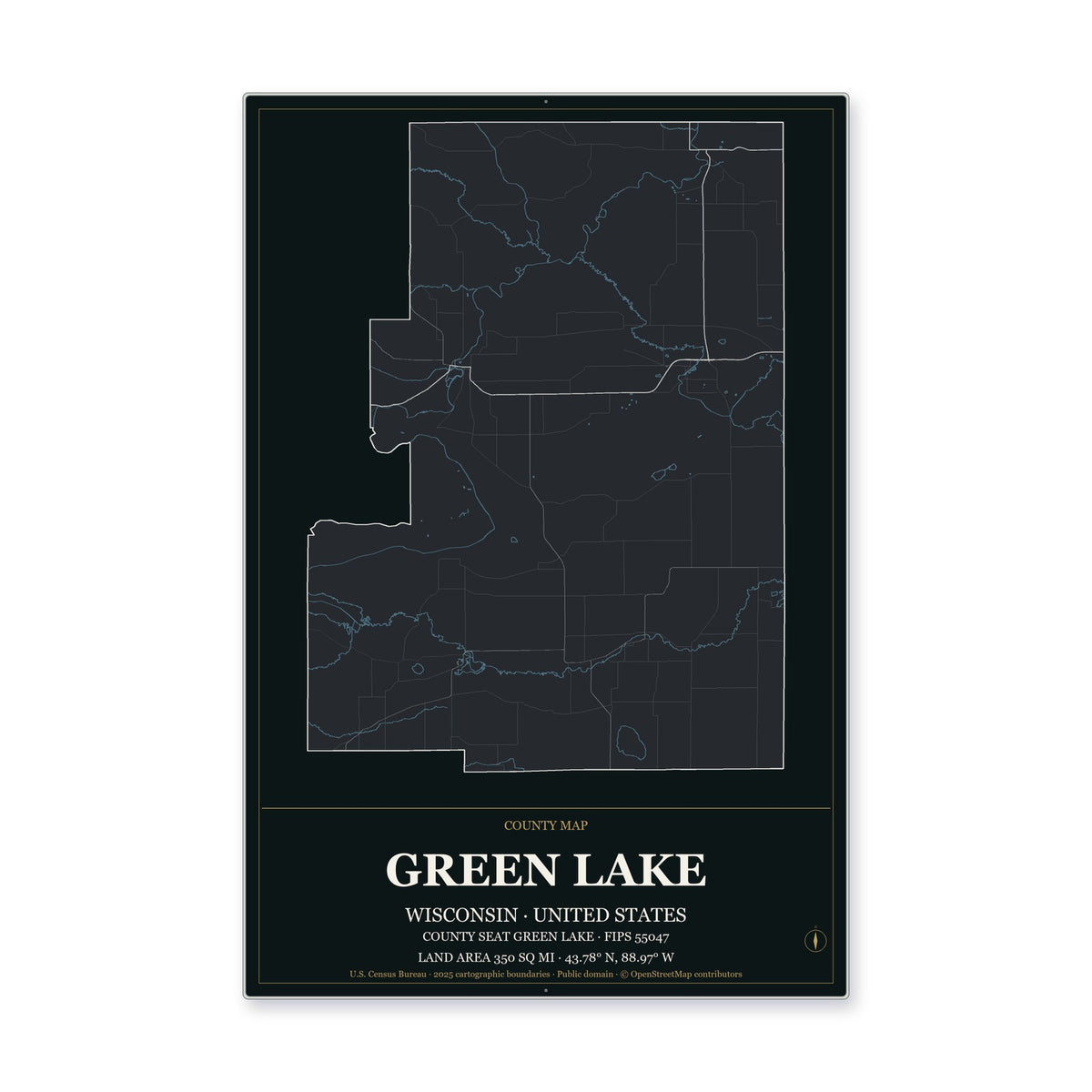 Green Lake County, Wisconsin Map Aluminum Sign in Metropolitan Noir style