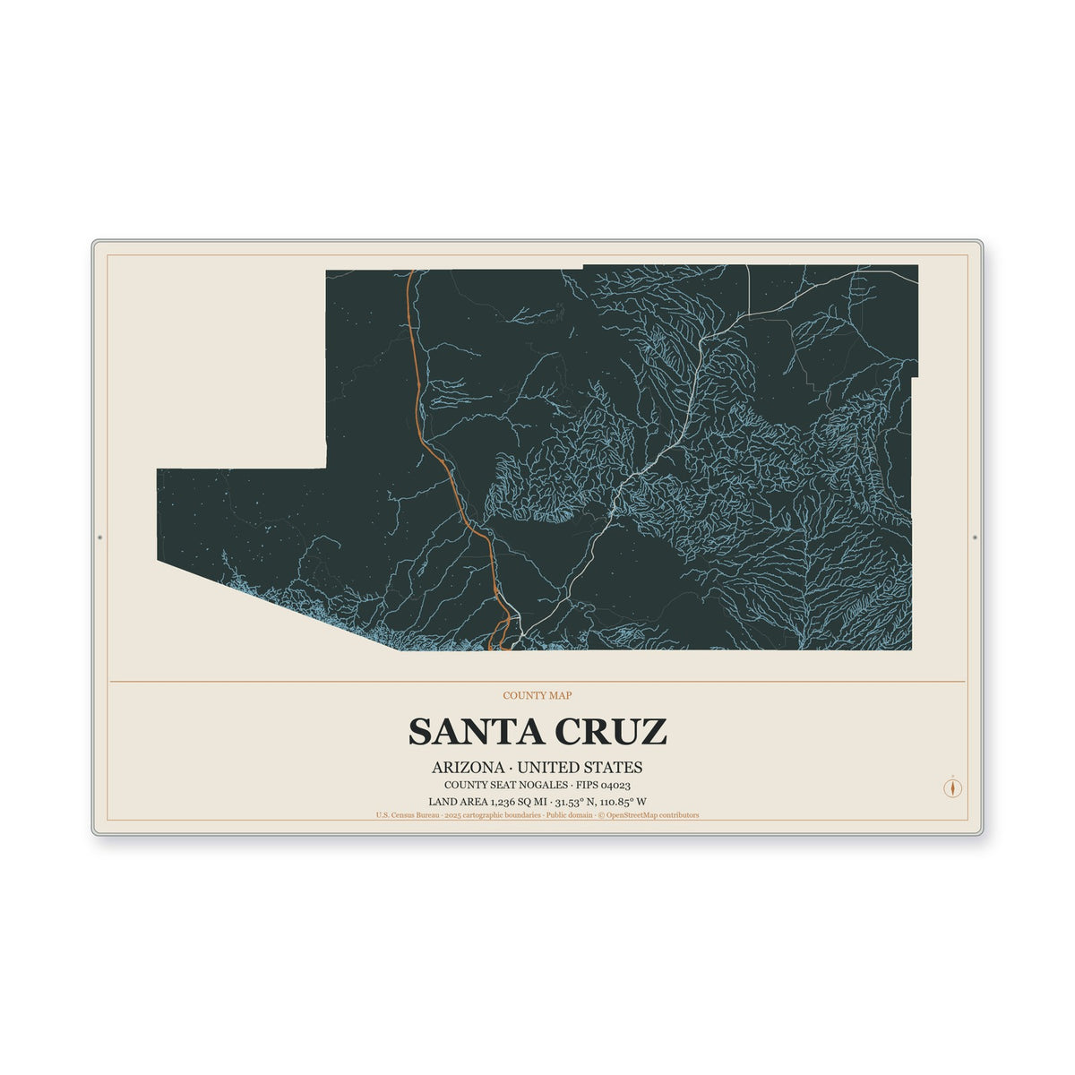 Santa Cruz County, Arizona Map Aluminum Sign in Headline Atlas style