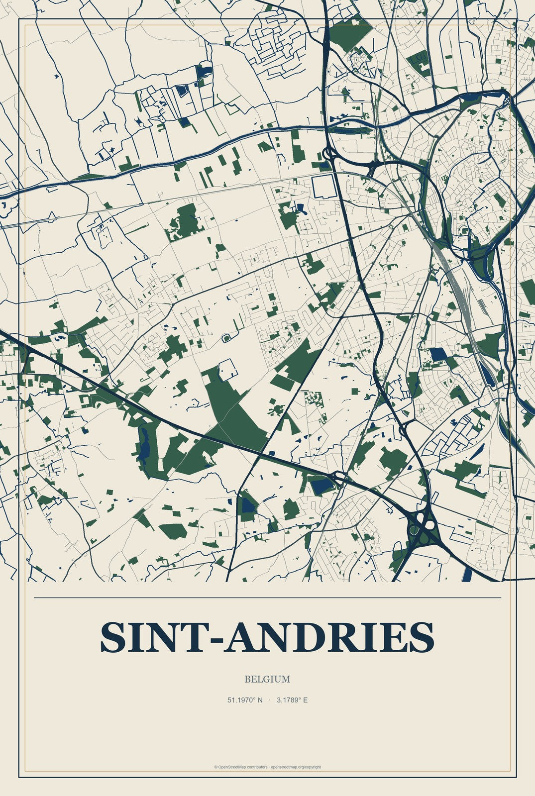Sint-Andries, Belgium City Map Aluminum Sign in Coastal Cutout style