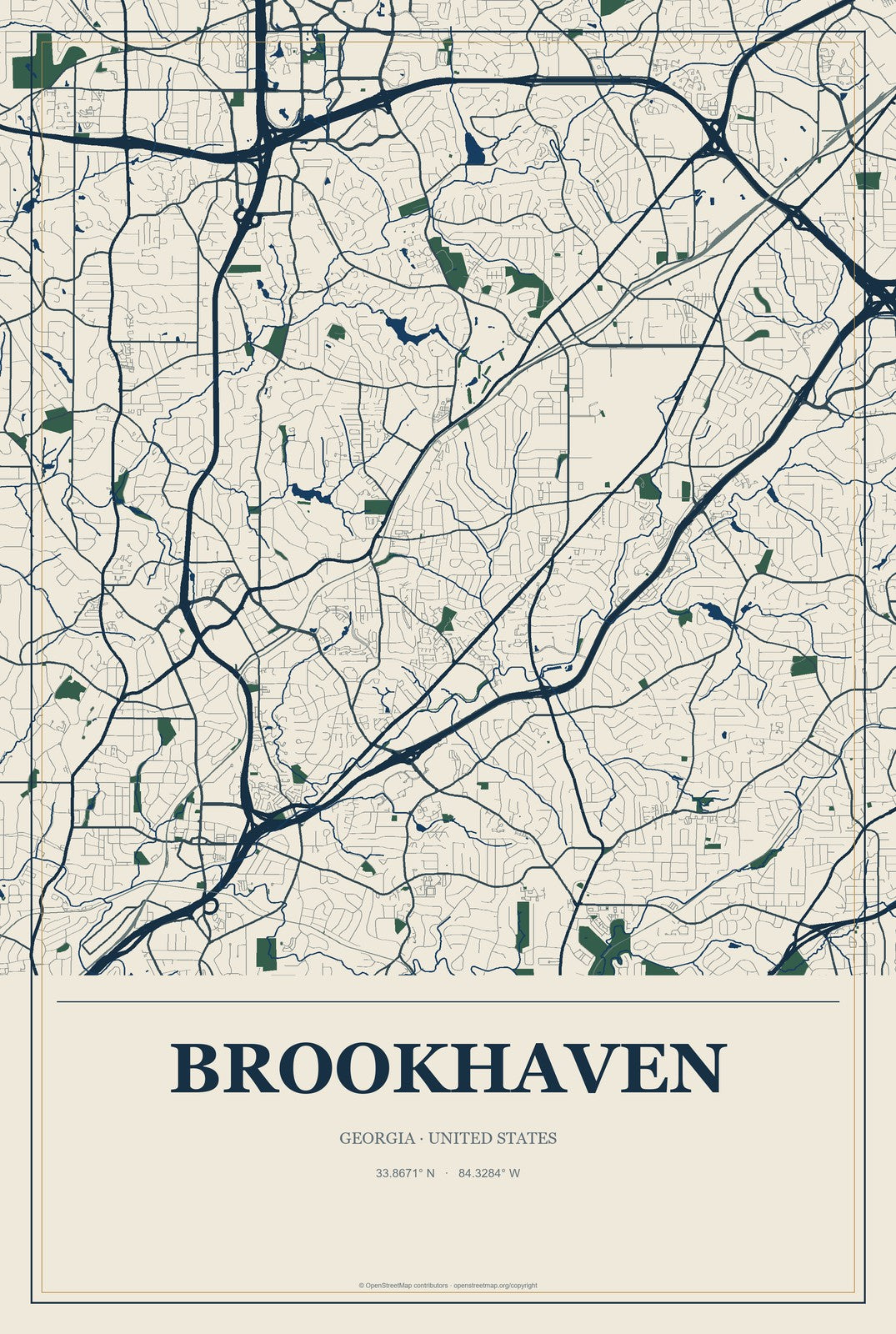 Brookhaven, Georgia City Map Aluminum Sign in Coastal Cutout style