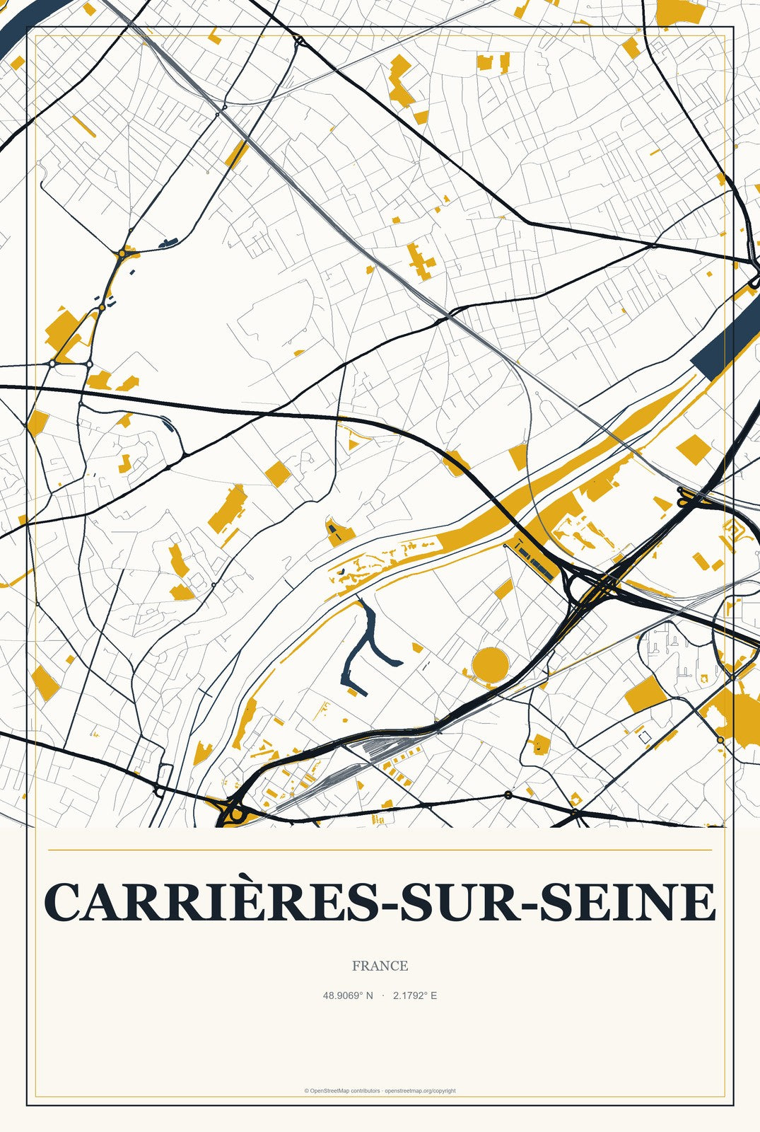 Carrières-sur-Seine, France City Map Aluminum Sign in Citrine Modern style