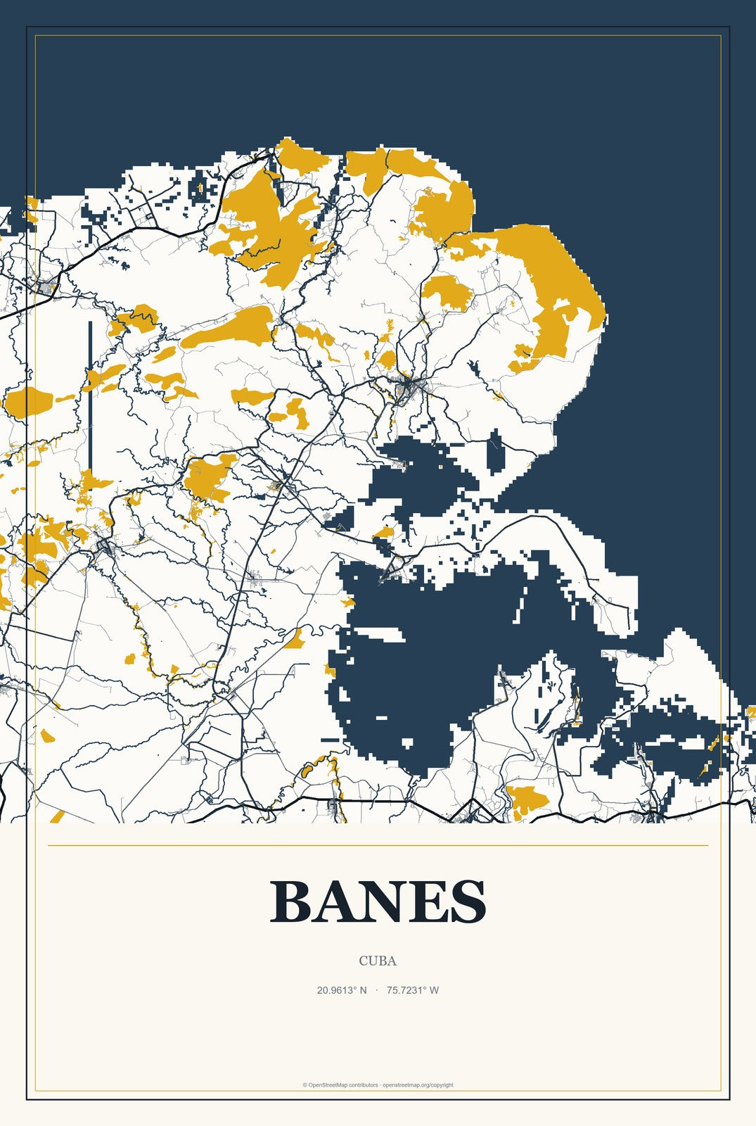Banes, Cuba City Map Aluminum Sign in Citrine Modern style