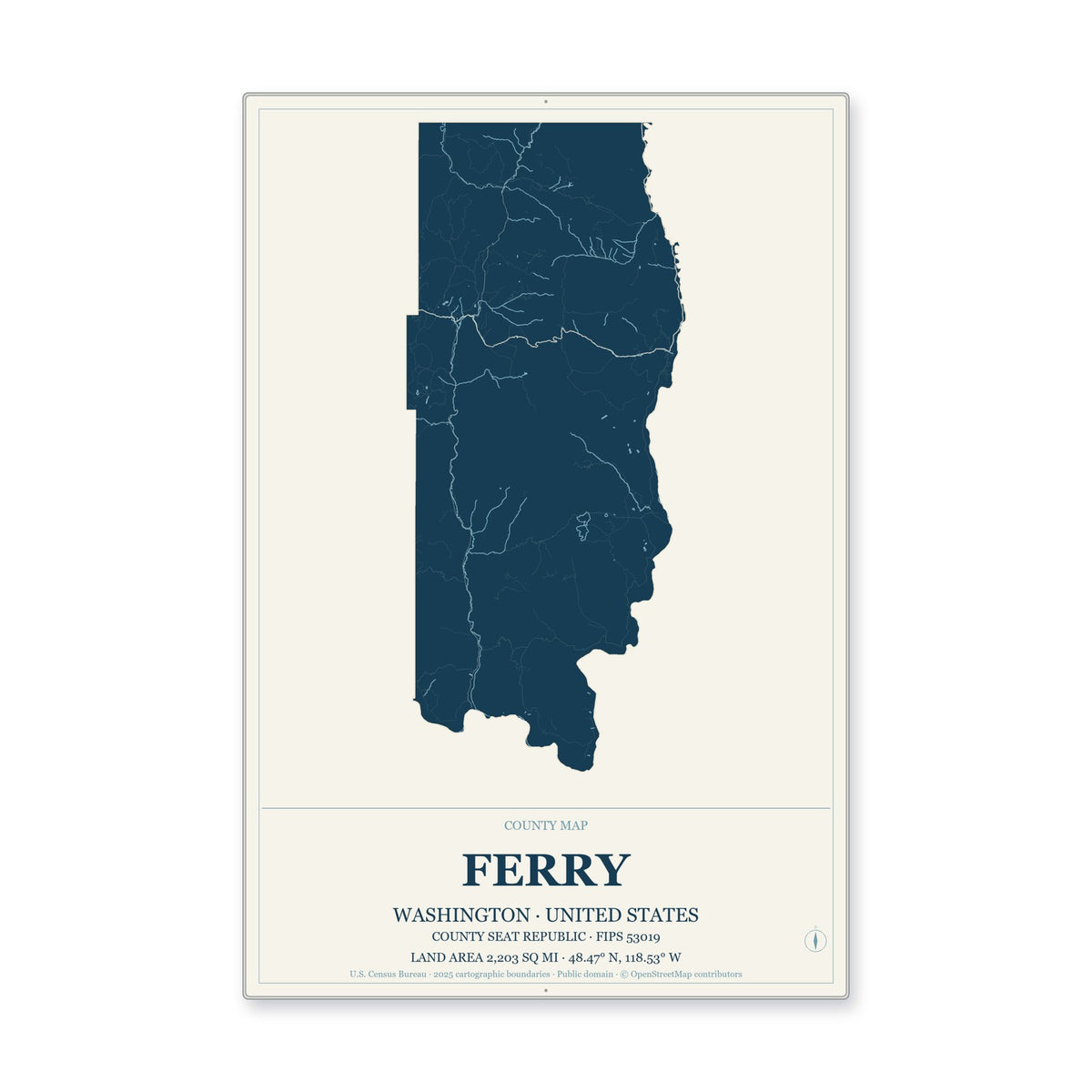 Ferry County, Washington Map Aluminum Sign in Coastal Cutout style