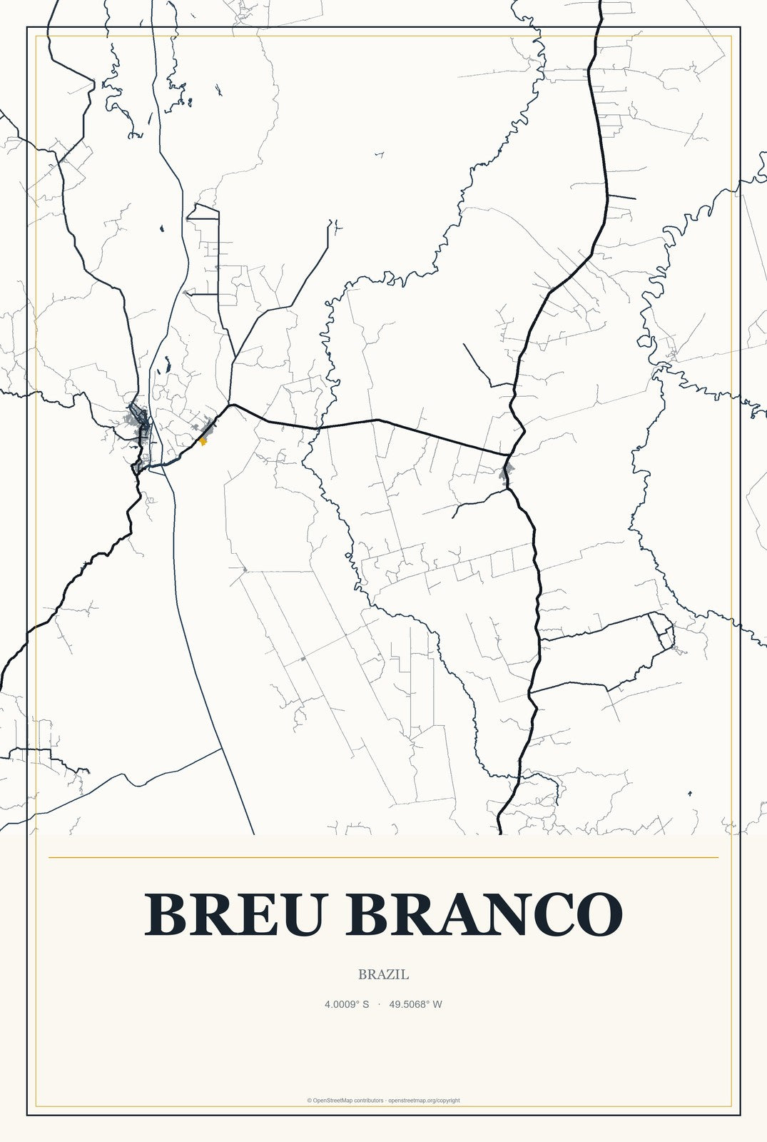 Breu Branco, Brazil City Map Aluminum Sign in Citrine Modern style