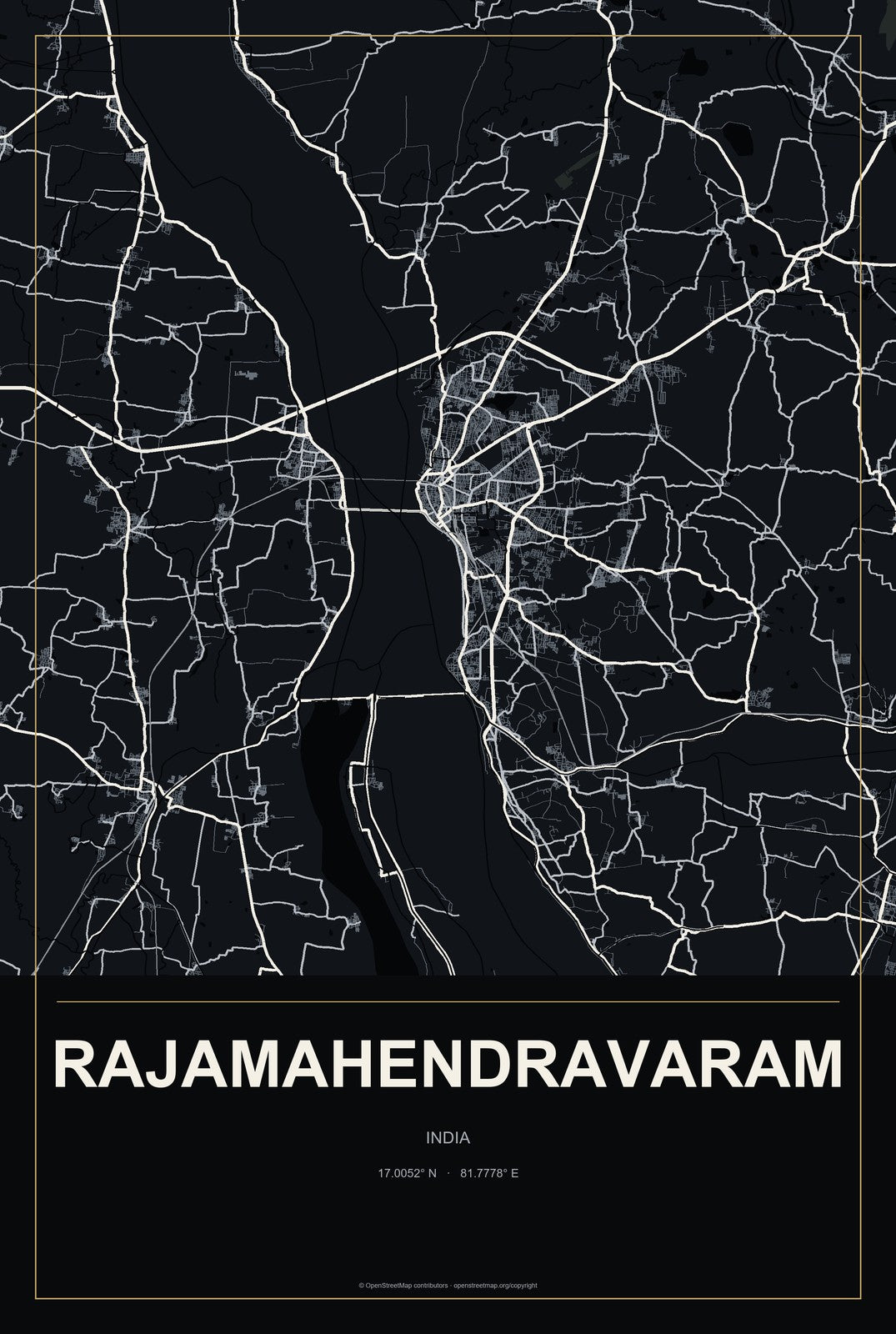 Rajamahendravaram, India City Map Aluminum Sign in Metropolitan Noir style