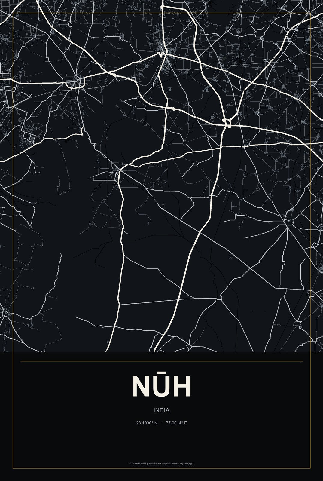 Nūh, India City Map Aluminum Sign in Metropolitan Noir style