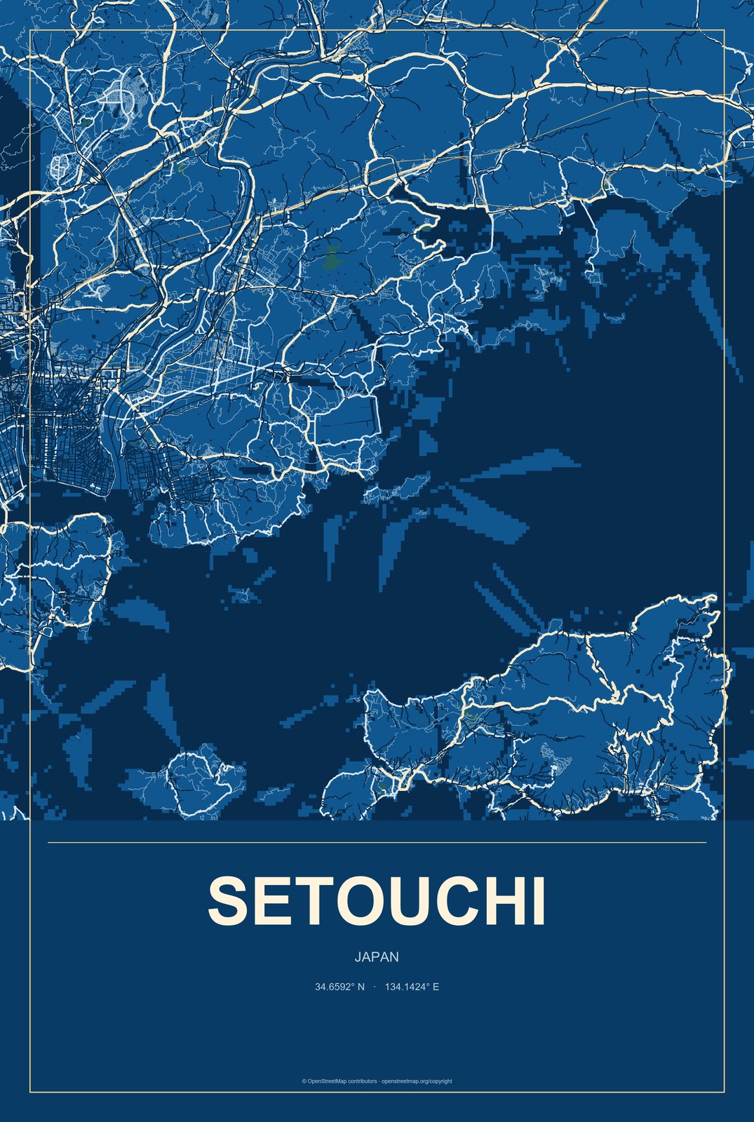 Setouchi, Japan City Map Aluminum Sign in Harbor Cobalt style