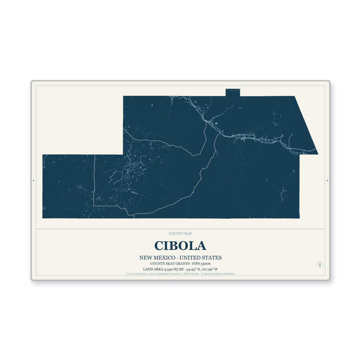 Cibola County, New Mexico Map Aluminum Sign in Coastal Cutout style