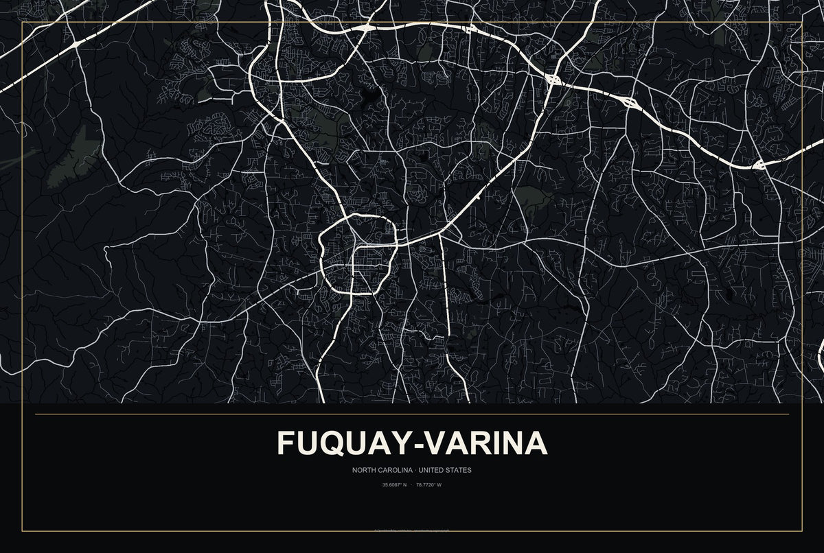 Fuquay-Varina, North Carolina City Map Aluminum Sign in Metropolitan Noir style