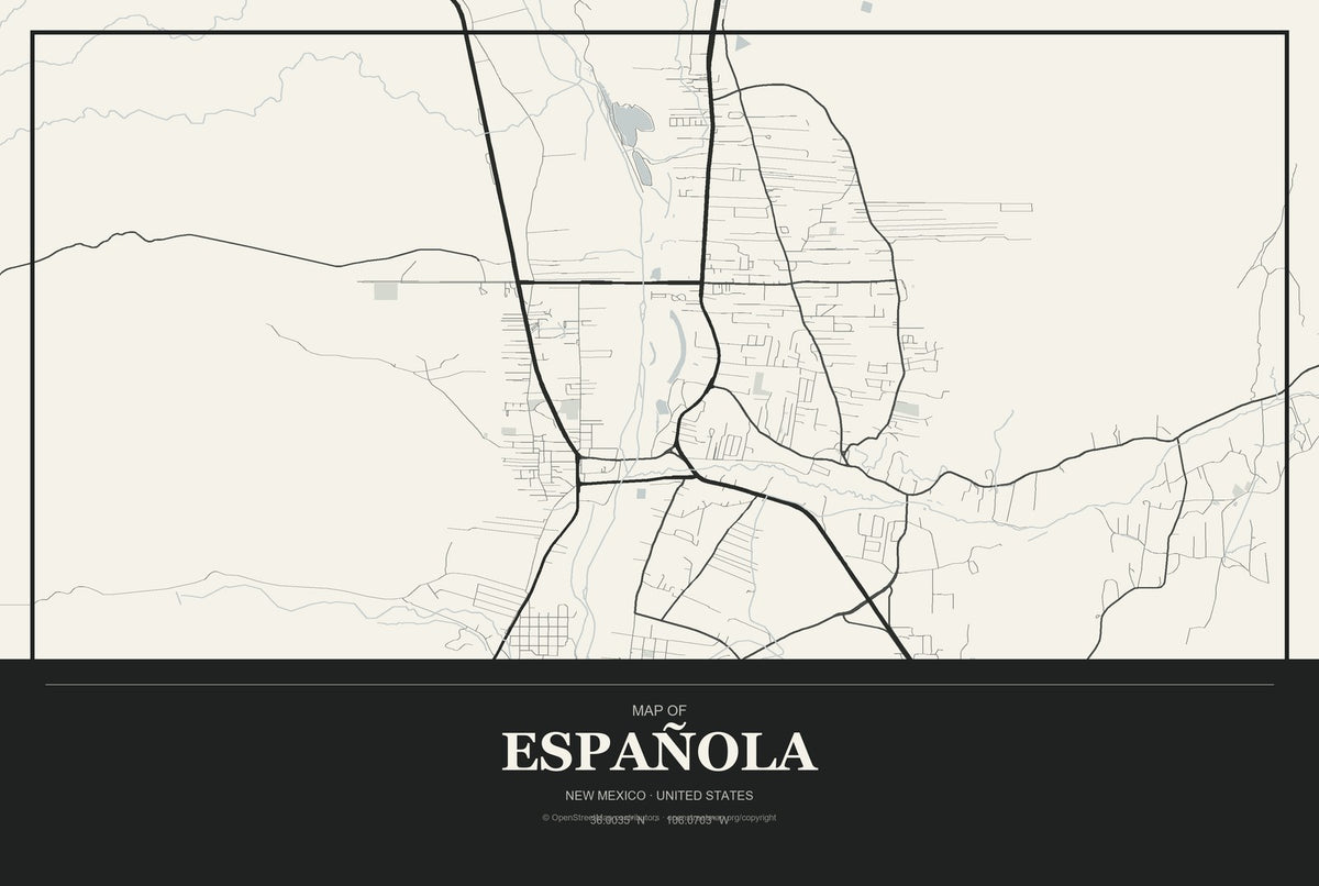 Española, New Mexico City Map Aluminum Sign in Museum Plaque style