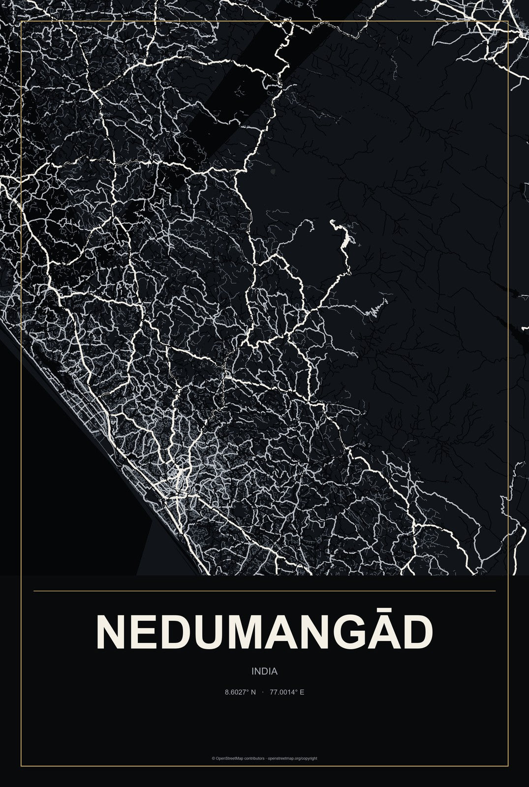 Nedumangād, India City Map Aluminum Sign in Metropolitan Noir style