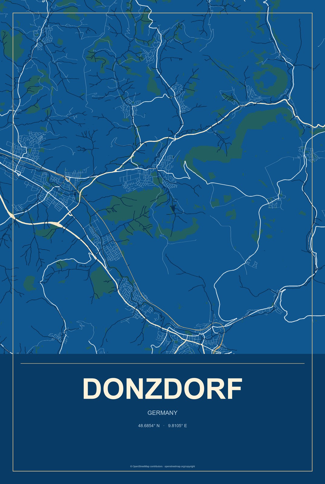 Donzdorf, Germany City Map Aluminum Sign in Harbor Cobalt style