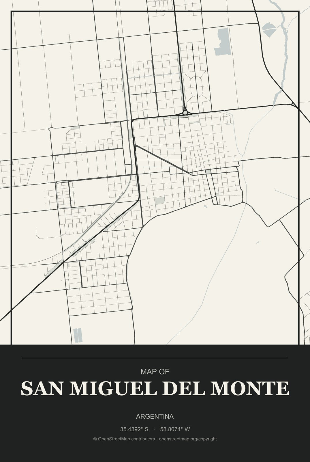 San Miguel del Monte, Argentina City Map Aluminum Sign in Museum Plaque style