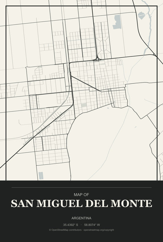 San Miguel del Monte, Argentina City Map Aluminum Sign in Museum Plaque style