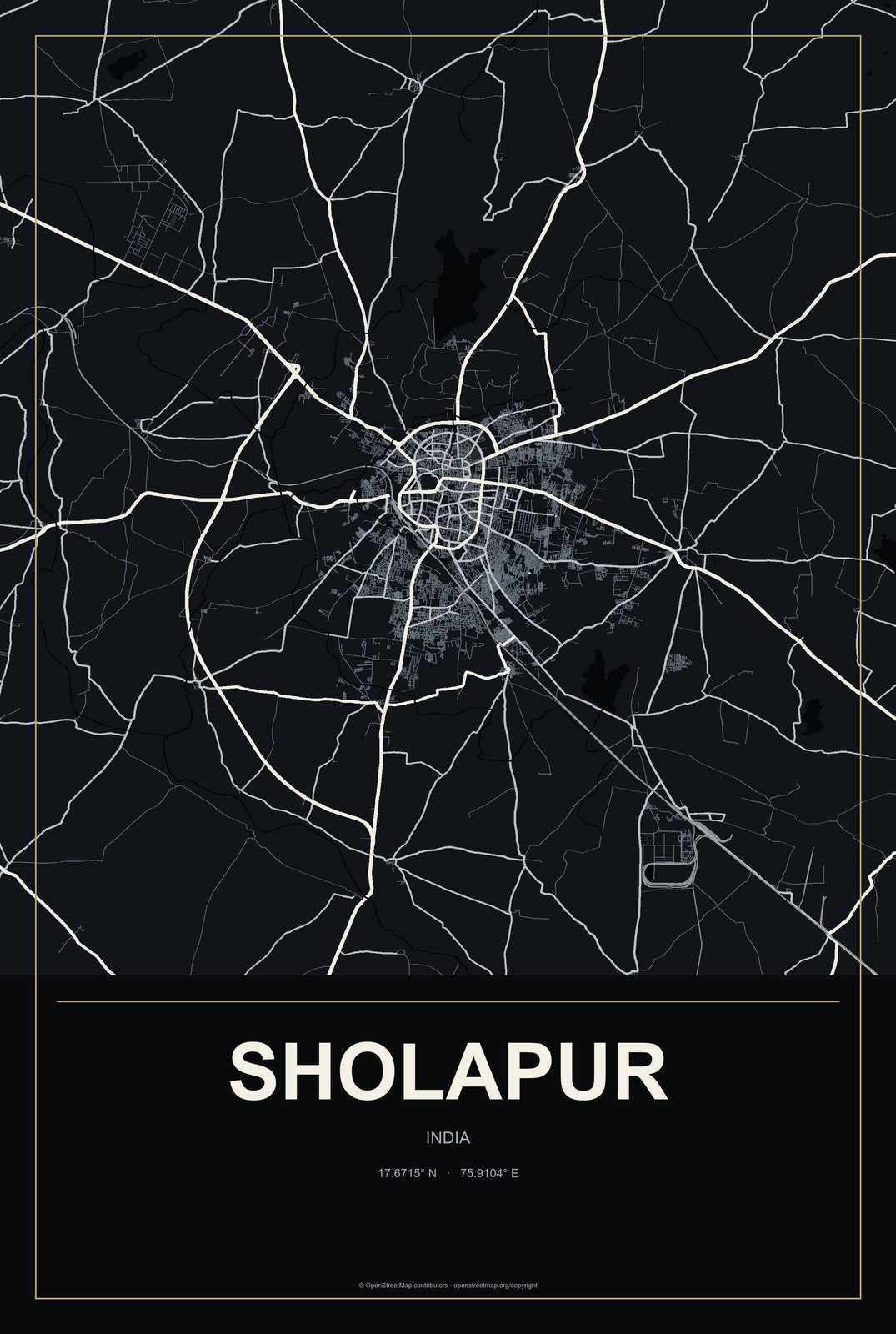 Sholapur, India City Map Aluminum Sign in Metropolitan Noir style