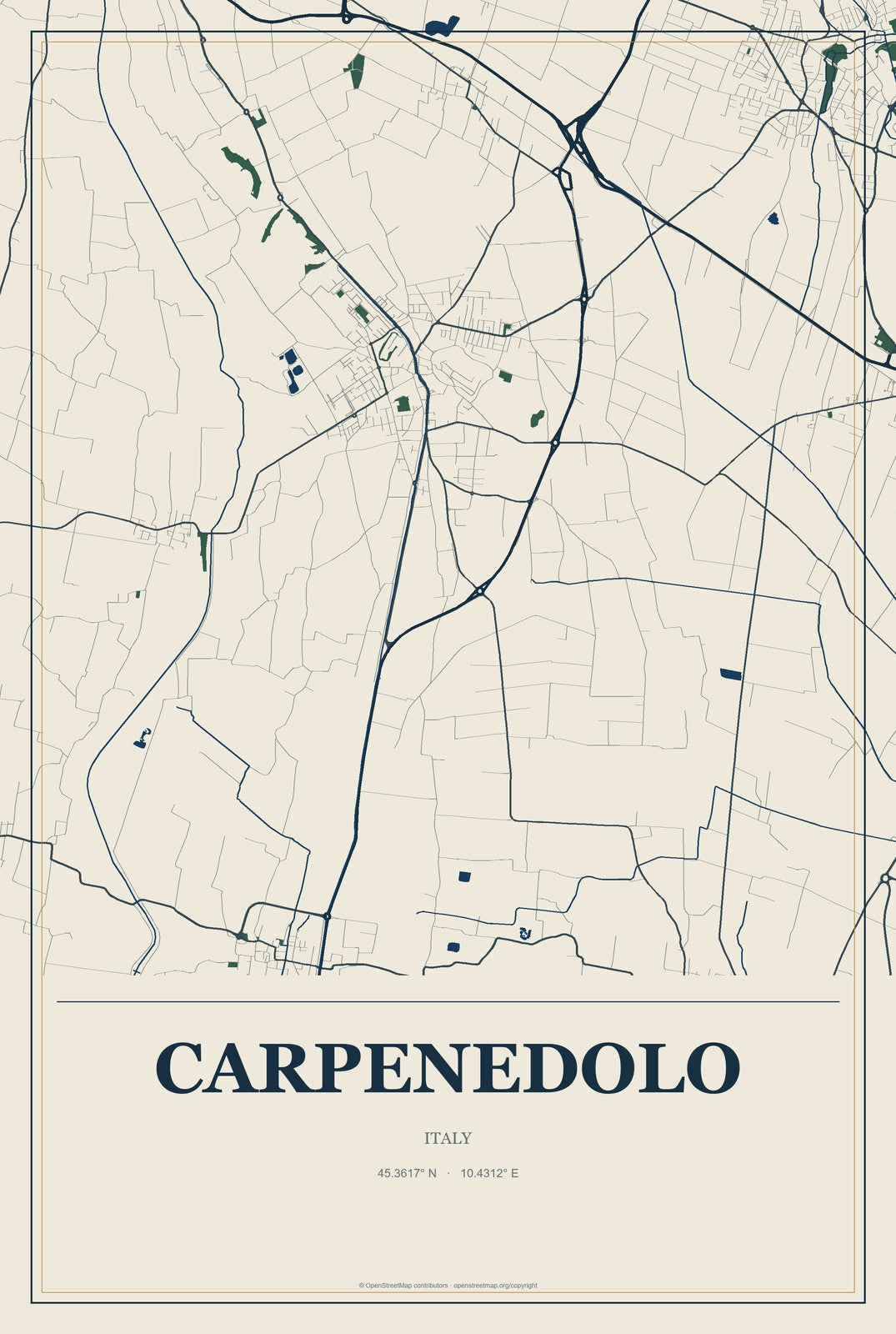 Carpenedolo, Italy City Map Aluminum Sign in Coastal Cutout style