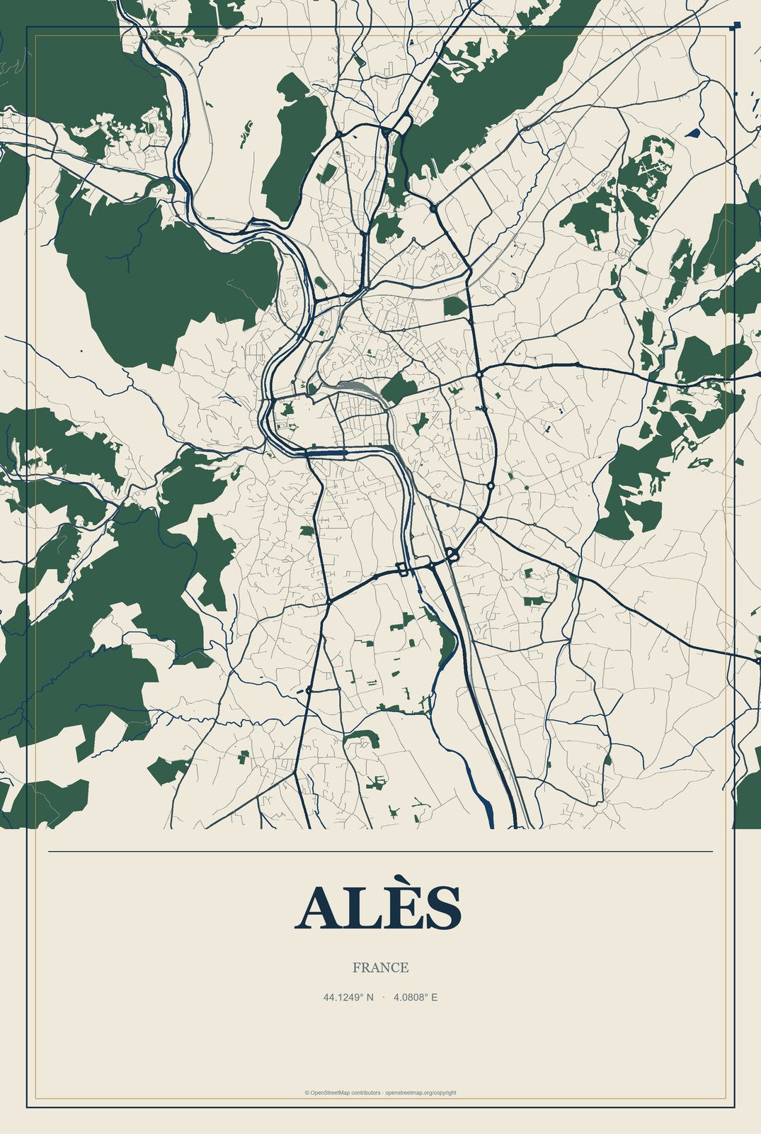 Alès, France City Map Aluminum Sign in Coastal Cutout style