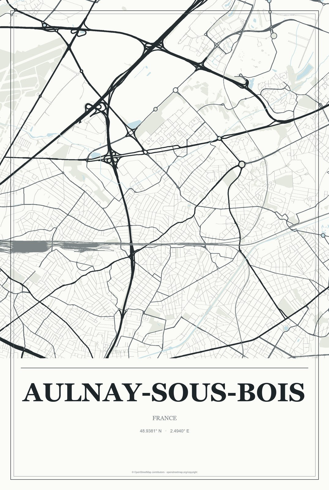 Aulnay-sous-Bois, France City Map Aluminum Sign in Gallery Air style