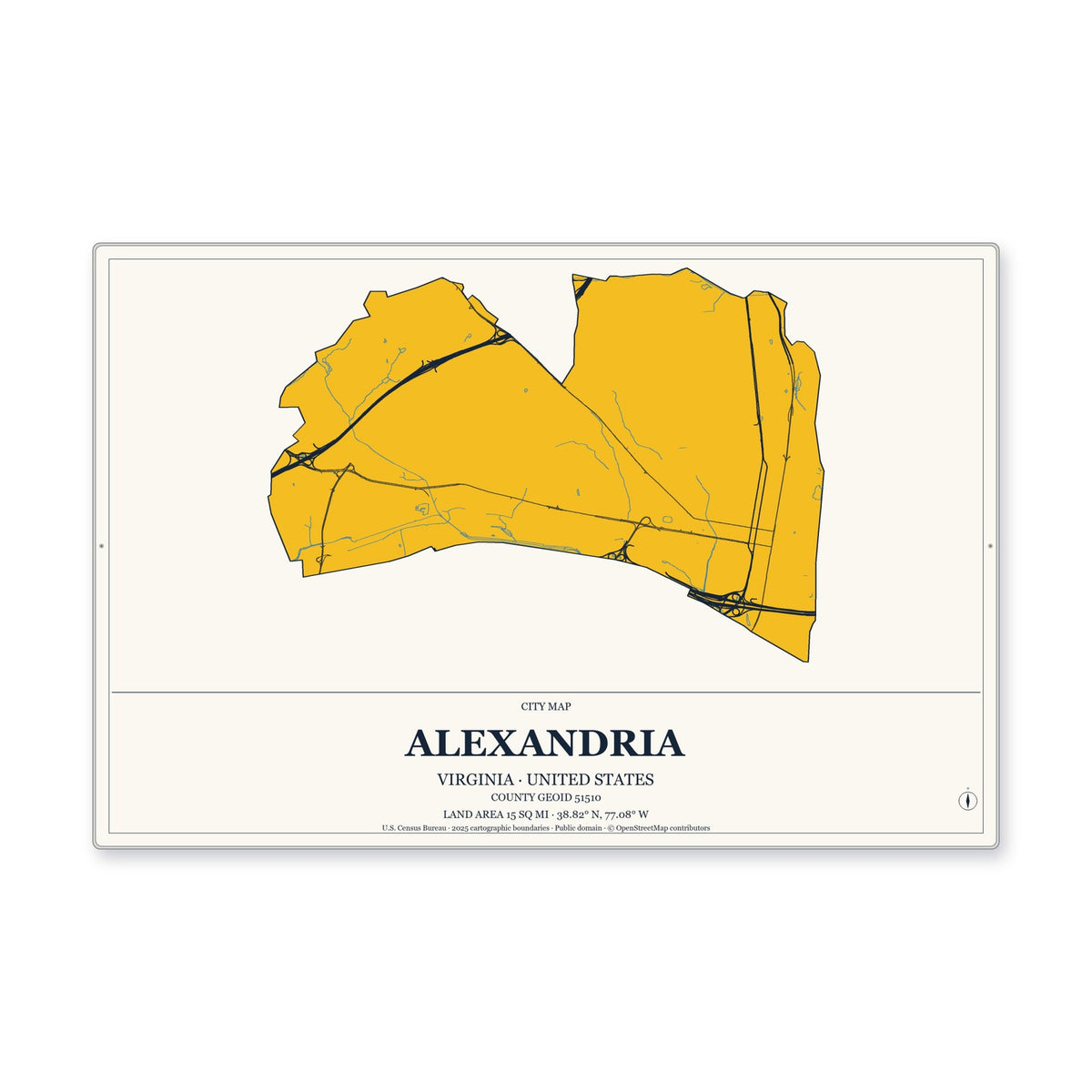 Alexandria city, Virginia Map Aluminum Sign in Citrine Modern style