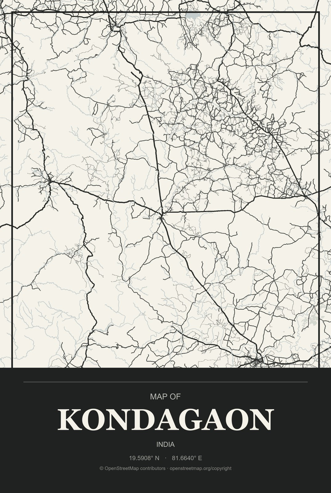 Kondagaon, India City Map Aluminum Sign in Museum Plaque style