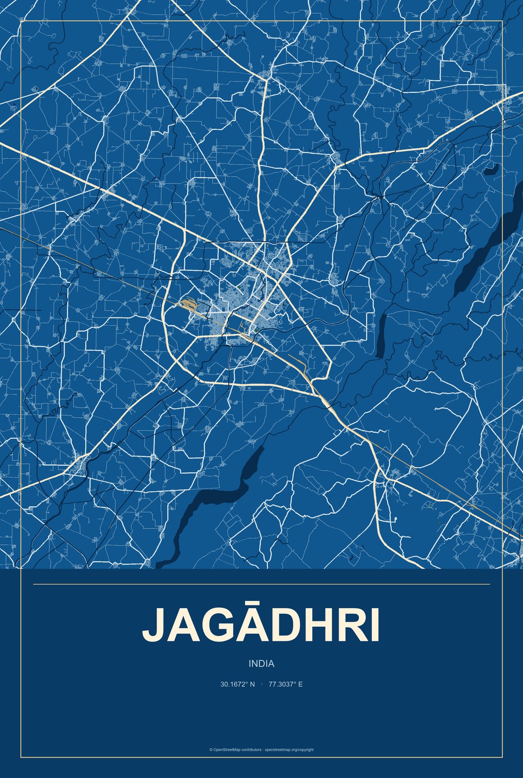 Jagādhri, India City Map Aluminum Sign in Harbor Cobalt style
