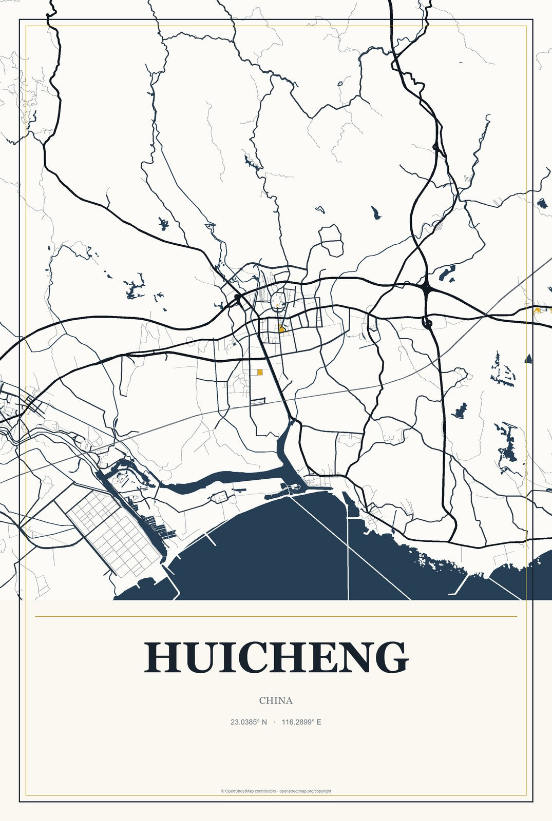Huicheng, Guangdong, China City Map Aluminum Sign in Citrine Modern style